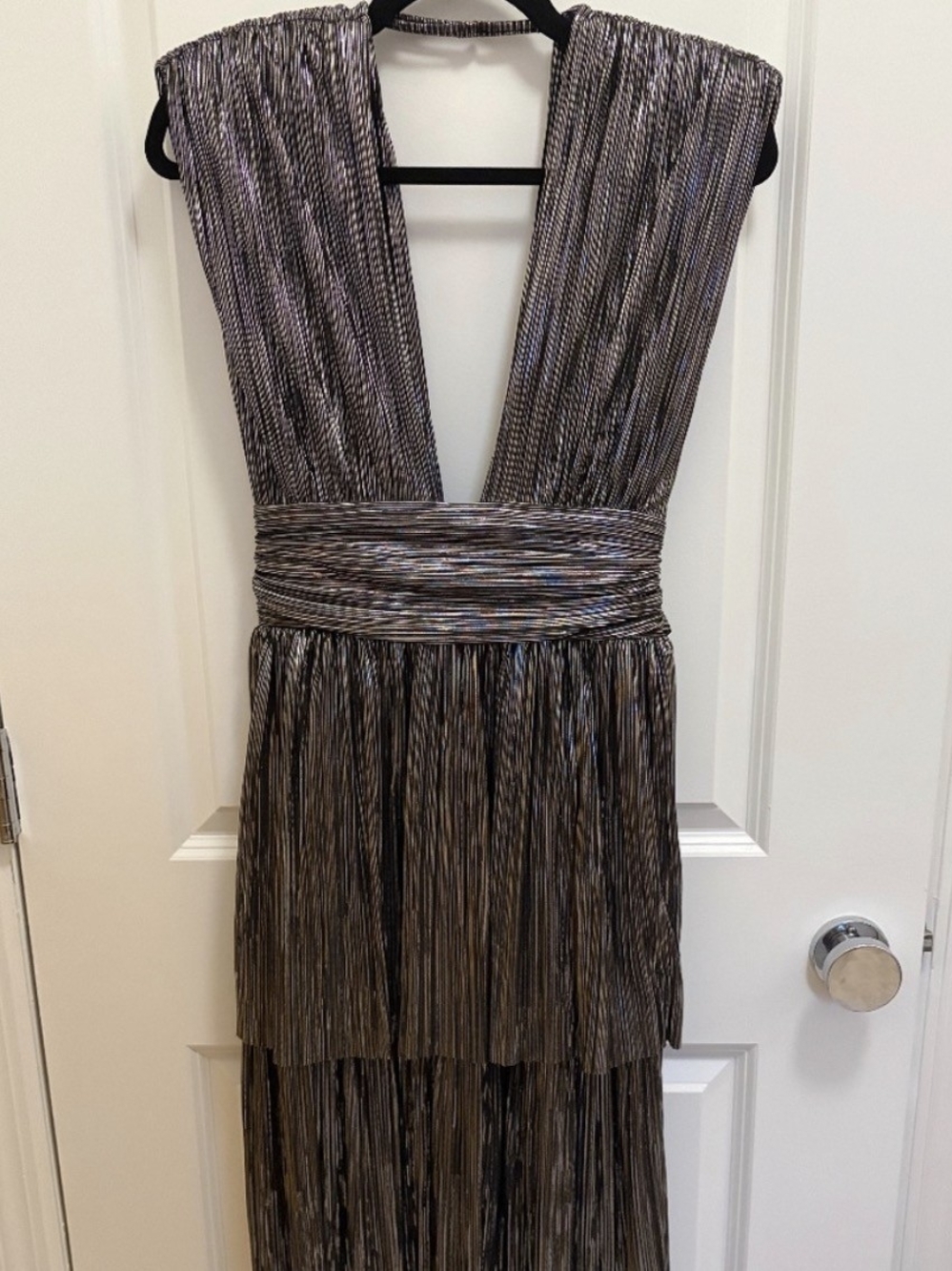 Sabina Musayev Metallic Silver Pleated One-Shoulder Gown